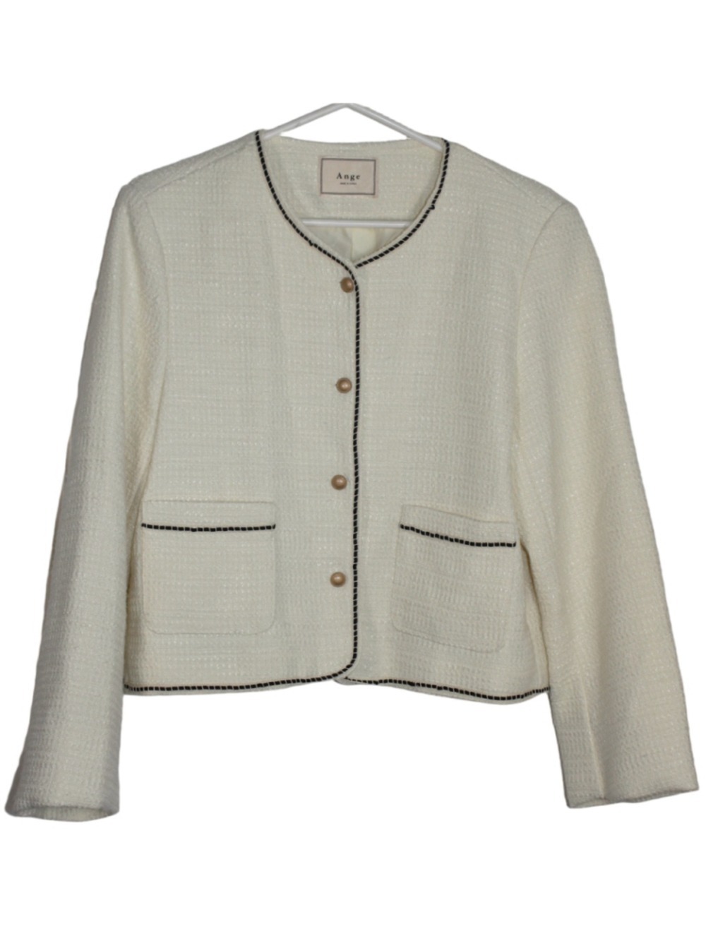 Women's Ange Cream Tweed Blazer with Black Trim, Size M